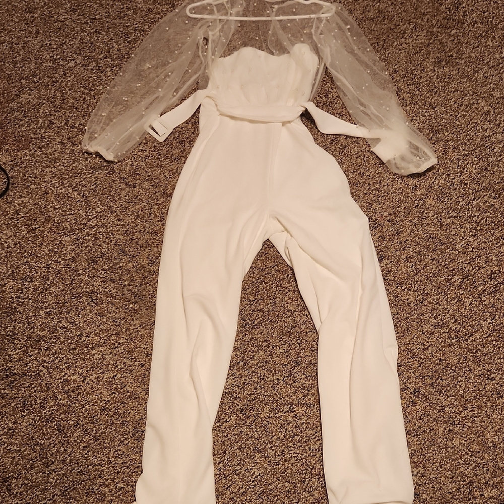 Lulu's White Jumpsuit with Sheer Sleeves